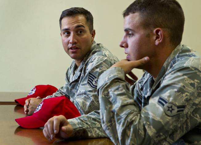U.S. Air Force TSgt Adam Dixon and A1C Christopher Fitzgerald recount the story of recently helping save an elderly couple from possibly drowning during flash flooding and are currently based at Nellis Air Force Base on Friday, August 8, 2014.