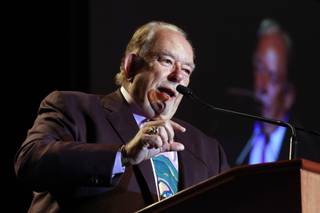 Honoree Robin Leach speaks during the 19th annual Nevada Broadcasters Hall of Fame gala Saturday, Aug. 9, 2014, at the Four Seasons Las Vegas.