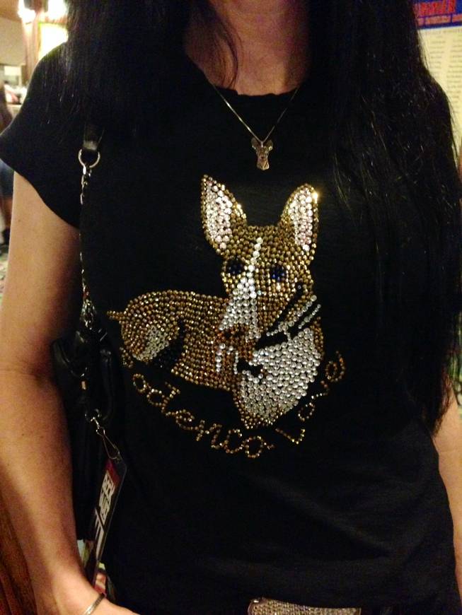 The T-shirt worn by Carmen Shortino designed by Gina McAuley, depicting the Shortinos' Podenco Canario dog named Dio, at the Out of the Gutters Too Nevada SPCA charity event at Sam's Town on Sunday, Aug. 10, 2015.