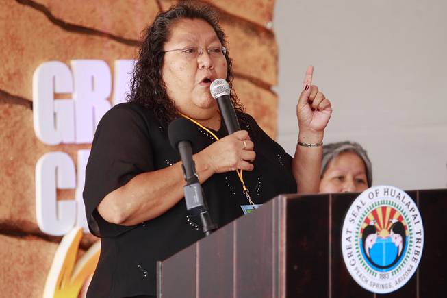Hualapai tribal chairwoman Sherry Counts speaks during the official opening of the newly paved section of Diamond Bar Road leading to Grand Canyon West Tuesday, Tuesday, Aug. 12, 2014.