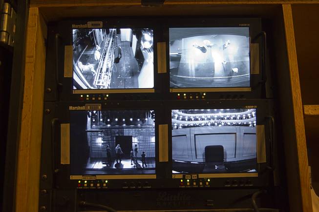 Video monitors are shown at the stage manager's console during a backstage tour of "Ghost The Musical" at the Smith Center for the Performing Arts on Wednesday, Aug. 13, 2014, in downtown Las Vegas. The musical runs through Sunday, Aug. 17.
