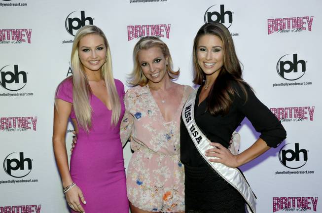 Miss Teen USA Cassidy Wolf, Britney Spears and Miss USA Nia Sanchez of Nevada on Friday, Aug. 15, 2014, at Planet Hollywood.