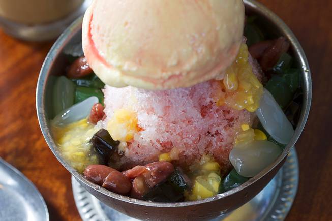 Ice Kacang with Ice Cream (Ice cream over shaved ice with red bean, corn, palm seeds, jelly, red rose syrup and evaporated milk - $5.50) at Island Malaysian Cuisine in the Pacific Asian Plaza, 5115 Spring Mountain Rd., Tuesday, Aug. 19, 2014.