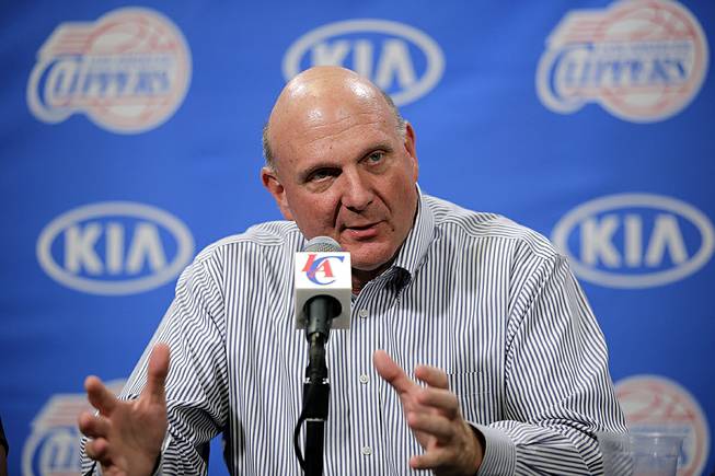In this Aug. 18, 2014, file photo, new Los Angeles Clippers owner Steve Ballmer speaks during a news conference held after the Clippers Fan Festival in Los Angeles. Ballmer is stepping down from Microsoft’s board, bringing to a close 34 years with the software giant.