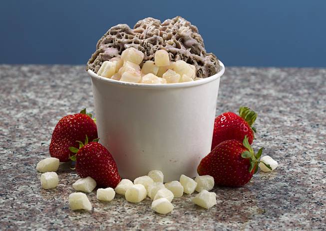 The Black Sesame Sensation with mochi and strawberry condensed milk (small $4.85) is shown at Snowflake Shavery, 5020 Spring Mountain Rd., Thursday, Aug. 21, 2014.