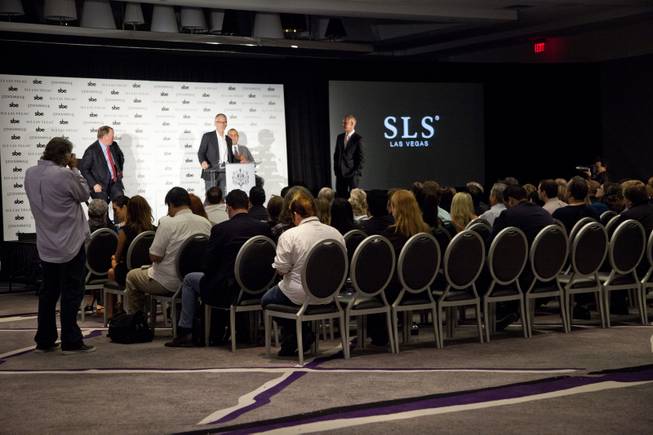 Fred Segal speaks during press conference at the SLS alongside of Rob Oseland, Terry Fancher, & Sam Nazarian on Friday, Aug. 22, 2014.