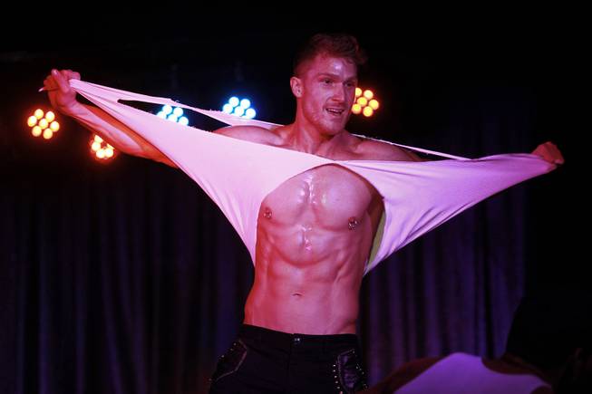 Kyle Efthemes of Men of the Strip performs at The D Las Vegas on Thursday, Aug. 28, 2014, in downtown Las Vegas.