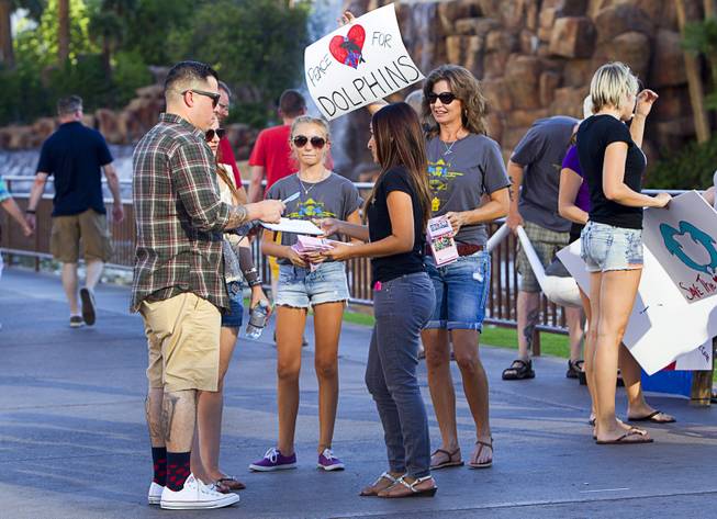 Activist hand out information to passers by during a protest in front of the Mirage Sunday, Aug. 30, 2014. About 30 people came out to protest the annual capture and killing of dolphins in Taiji, Japan.