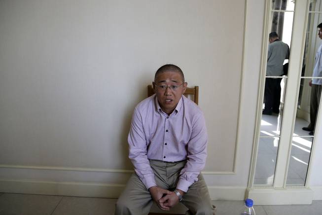 Kenneth Bae, an American tour guide and missionary serving a 15-year sentence, detained in North Korea, speaks to the Associated Press, Monday, Sept. 1, 2014 in Pyongyang, North Korea. North Korea has given foreign media access to three detained Americans who said they have been able to contact their families and watched by officials as they spoke, called for Washington to send a representative to negotiate for their freedom. 