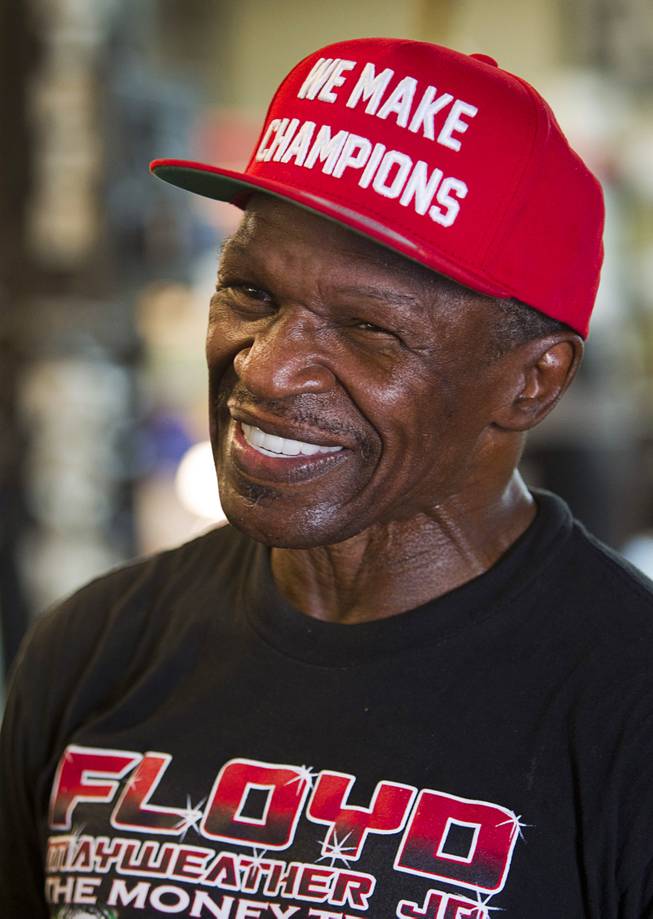 Floyd Mayweather Sr. talks to a reporter as he waits for his son during a media day at the Mayweather Boxing Club Tuesday, Sept. 2, 2014. Mayweather will face Marcos Maidana of Argentina in a rematch at the MGM Grand Garden Arena on Saturday, Sept. 13.