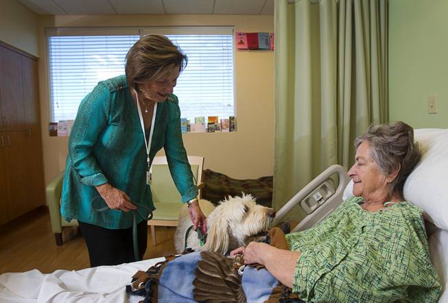 Pet therapist Karen Bryant and Oliver, a 7-year-old labradoodle, visit with Myrna Rice at the Nathan Adelson Hospice in Mountain View Medical Center Wednesday, Sept. 3, 2014.