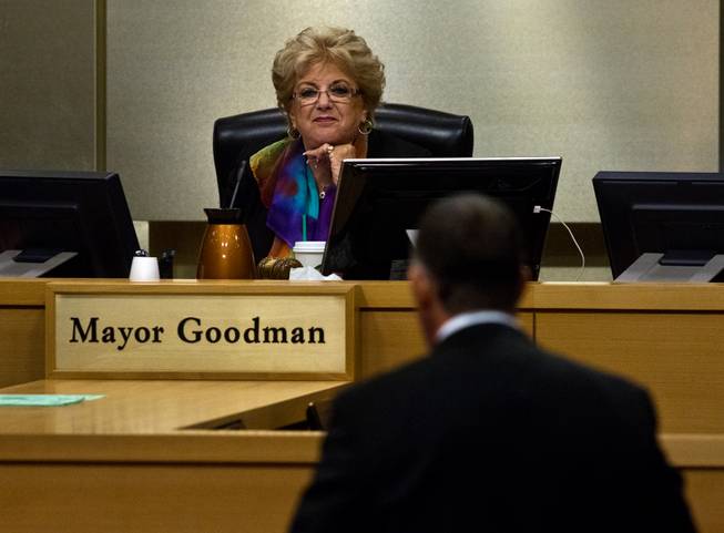 Las Vegas Mayor Carolyn Goodman listens to David Abrams as he addresses the Las Vegas City Council during a presentation on the proposed downtown soccer stadium on Wednesday, Sept. 3, 2014.
