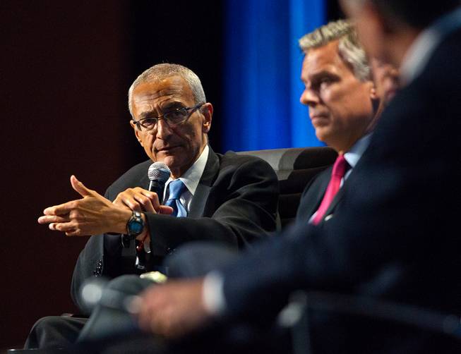 White House adviser John Podesta moderates a panel about Business Leadership on Carbon Reduction during the Clean Energy Summit at the Mandalay Bay on Thursday, September 4, 2014.