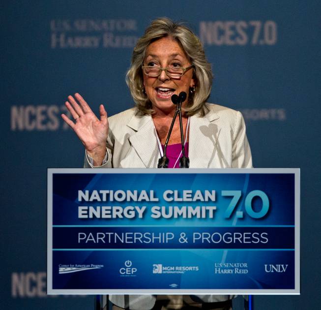 U.S. Representative Dina Titus for Nevada's District 1 welcomes the crowd for being in Las Vegas during the Clean Energy Summit at the Mandalay Bay on Thursday, September 4, 2014.