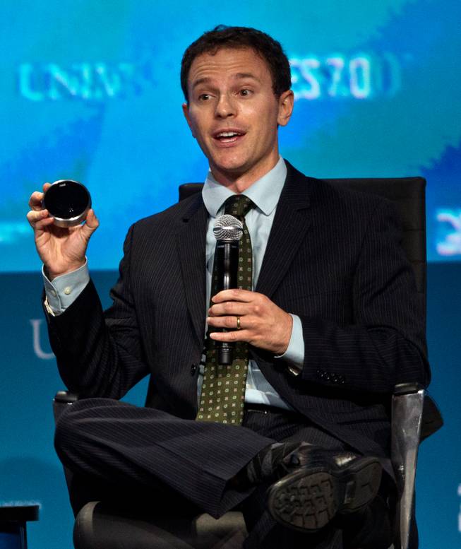 Ben Bixby shows off his thermostat as he talks about User Friendly Clean Energy during the Clean Energy Summit at the Mandalay Bay on Thursday, September 4, 2014.