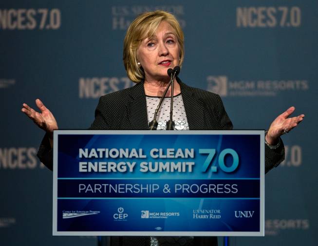 Former Secretary of State Hillary Rodham Clinton speaks during the Clean Energy Summit at Mandalay Bay on Thursday, Sept. 4, 2014.