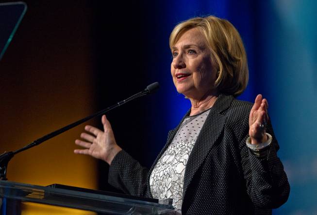 Former Secretary of State Hillary Rodham Clinton makes a point during the Clean Energy Summit at the Mandalay Bay on Thursday, September 4, 2014.