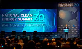 Senate Majority Leader Harry Reid welcomes the crowd back from lunch during the afternoon portion of the Clean Energy Summit at the Mandalay Bay on Thursday, September 4, 2014.