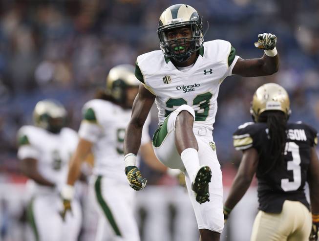Colorado State defensive back Bernard Blake reacts after stopping a screen pass by Colorado in the first quarter of an NCAA college football game in Denver on Friday, Aug. 29, 2014. 