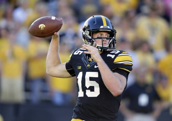 Iowa quarterback Jake Rudock throws a pass during the second half of an NCAA college football game against Ball State, Saturday, Sept. 6, 2014, in Iowa City, Iowa. Iowa won 17-13.