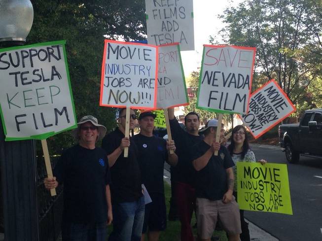 Las Vegans protest Gov. Brian Sandoval's proposal to reduce the state's film and TV tax credit program from $80 million to $10 million as part of the Tesla tax deal. The protest took place in front of the state Capitol in Carson City on Wednesday, Sept. 10, 2014.