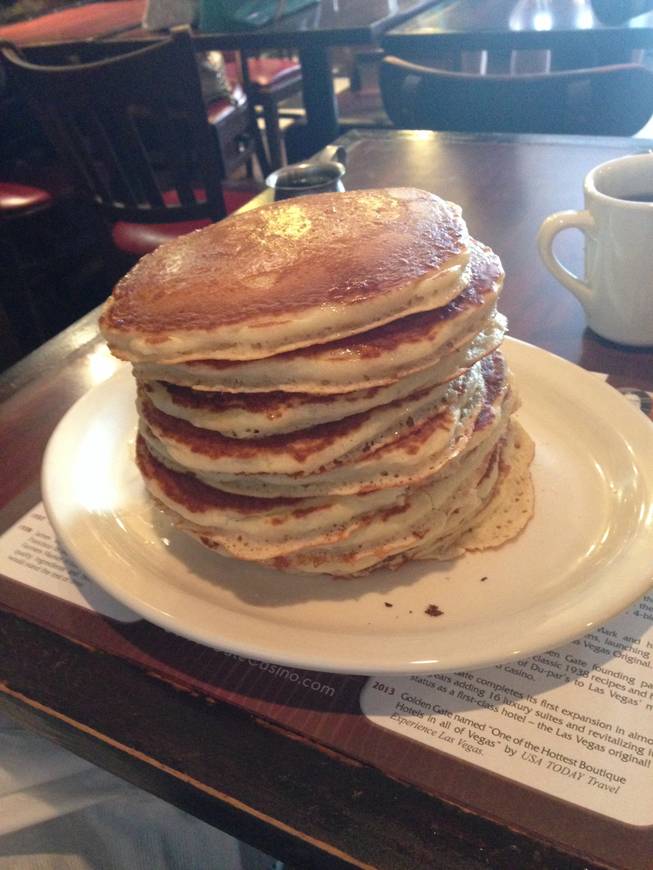 John Katsilometes' stack of pancakes before attempting the Stackzilla pancake challenge at Du Par's at Golden Gate on June 11, 2014.


