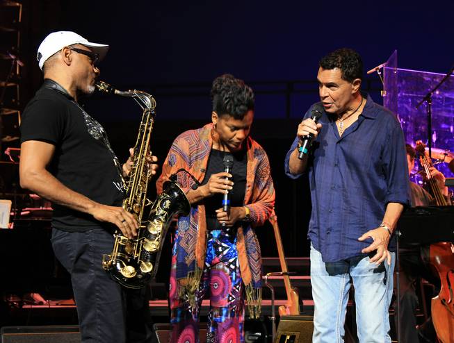 Sax great Kirk Whalum, Nnenna Freelon and Clint Holmes rehearse "Georgia on My Mind" at Venetian Theater on Tuesday, Sept. 16, 2014, in Las Vegas.
