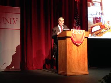 UNLV acting President Don Snyder presents his State of University address at UNLV’s Judy Bayley Theatre on Thursday, Sept. 18, 2014.