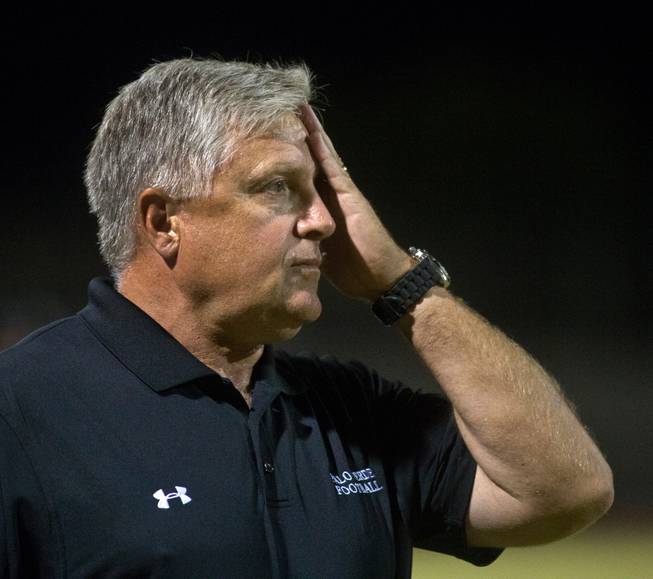 Palo Verde head coach Darwin Rost reacts to a penalty flag during their game versus Las Vegas on Friday, September 19, 2014.