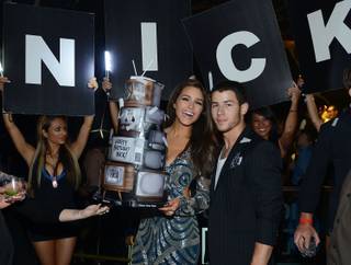 Nick Jonas, with girlfriend 2012 Miss Universe Olivia Culpo of the USA, celebrates his 22nd birthday at Hakkasan on Friday, Sept. 19, 2014, in MGM Grand Las Vegas.