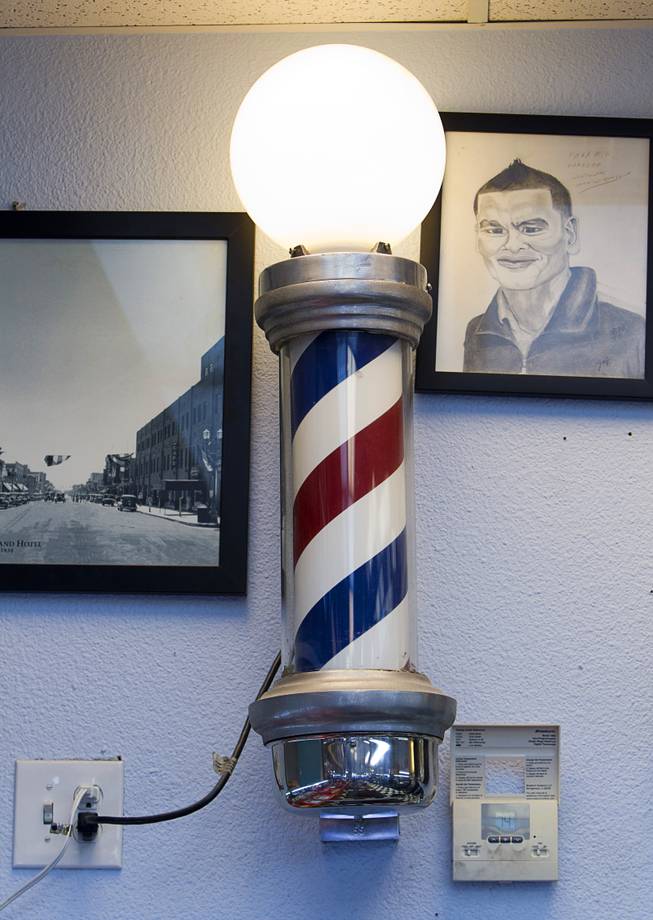 A barber pole is shown inside at Geraldo's Classic Barber Shop, 3869 Spring Mountain Rd., Sunday Sept. 21, 2014.