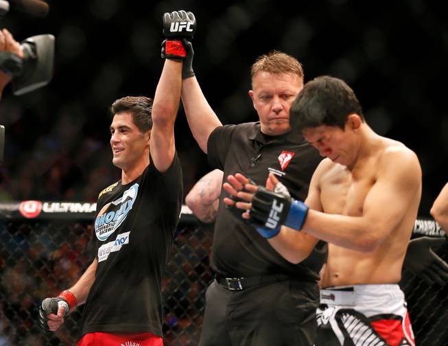 Bantamweight fighter Dominick Cruz celebrates his quick knockout as opponent Takeya Mizugaki weeps during UFC 178 at the MGM Grand Garden Arena on Saturday, Sept. 27, 2014.