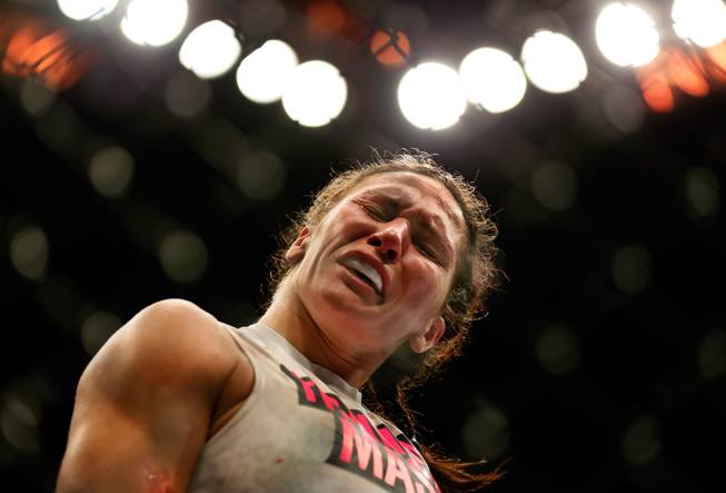Women's bantamweight fighter Cat Zingano becomes emotional about her win during UFC 178 at the MGM Grand Garden Arena on Saturday, Sept. 27, 2014.