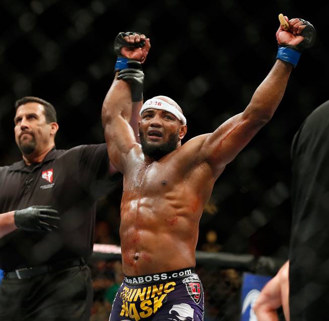 Middleweight fighter Yoel Romero celebrates his win over Tim Kennedy during UFC 178 at the MGM Grand Garden Arena on Saturday, September 27, 2014.