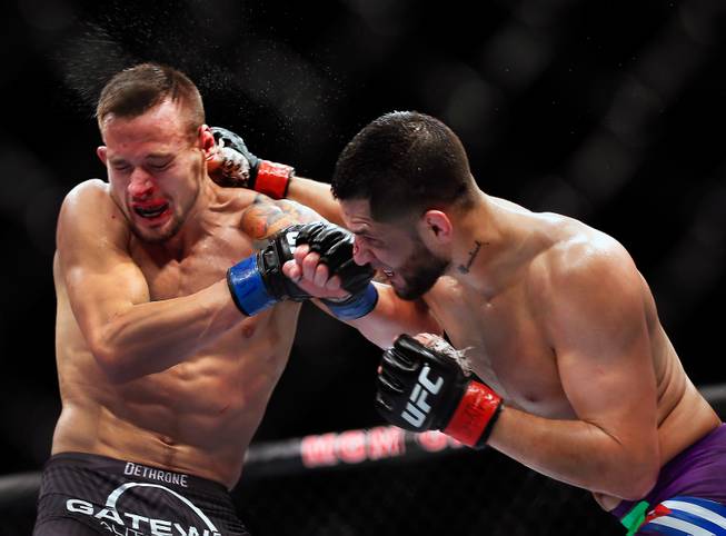 Lightweight fighter James Krause is punched in the head by Jorge Masvidal during UFC 178 at the MGM Grand Garden Arena on Saturday, September 27, 2014.