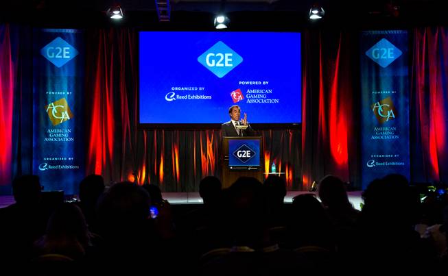 Steve Wynn gives a keynote speech during the Global Gaming Expo, G2E, the gaming industry's big annual convention taking place at the Sands Expo on Tuesday, September 30, 2014.