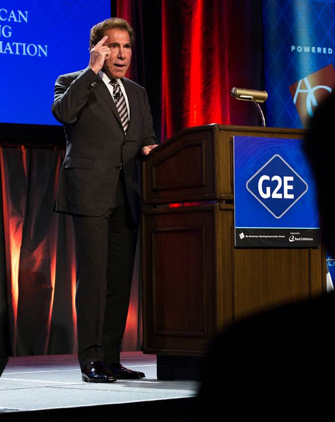 Steve Wynn makes a point as he gives a keynote speech during the Global Gaming Expo, G2E, the gaming industry's big annual convention taking place at the Sands Expo on Tuesday, September 30, 2014.