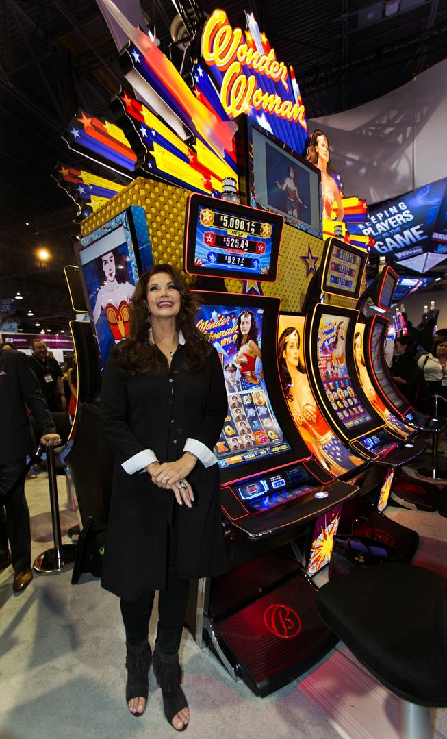 Lynda Carter takes in all the excitement about her new Wonder Woman slot machines unveiled during the Global Gaming Expo (G2E) at the Sands Expo onTuesday, September 30, 2014.