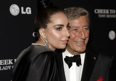 In this July 28, 2014, photo, Lady Gaga and Tony Bennett attend their concert taping in New York. Bennett and Gaga’s jazz collaborative album, “Cheek to Cheek,” was released Sept. 23, 2014. 