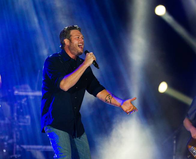 Blake Shelton performs for the Route 91 Harvest Festival crowd at MGM Resorts Village on Friday, Oct. 3, 2014.