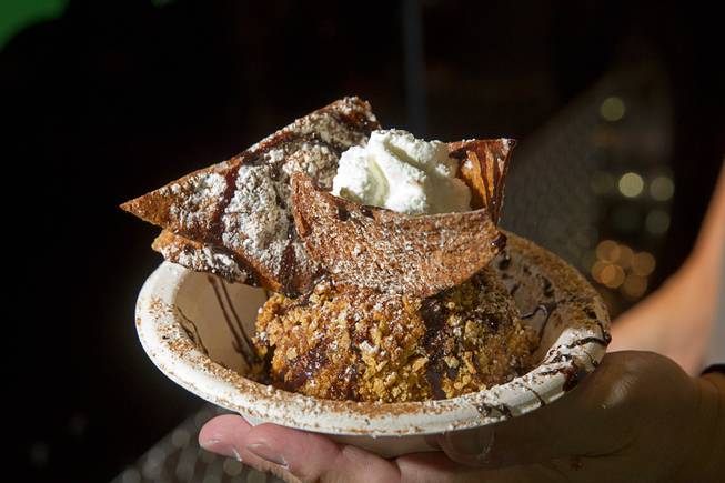 A Frach's Mexican is displayed during the Las Vegas Foodie Fest in the Linq parking lot Thursday, Oct. 16, 2014. The dessert consists of homemade ice cream wrapped in crispy cinnamon sugar flakes and served with cinnamon sugar whole wheat tortilla chips.