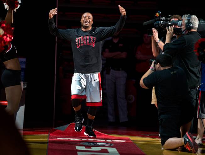 The UNLV basketball team's Jerome Seagears #20 dances onto the court as he's introduced for the scarlet and gray exhibition at the Thomas & Mack Center on Thursday, October 16, 2014.