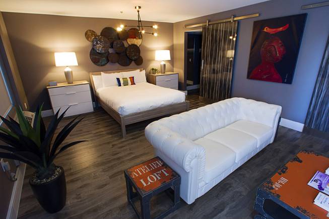 The Ultimate Crash Pad suite is shown at Oasis at Gold Spike in downtown Las Vegas Tuesday, Oct. 21, 2014. The Oasis, a boutique hotel owned and operated by the Downtown Project, officially unveiled renovations during a tour Tuesday. The suite was created by combining two of the older hotel rooms.