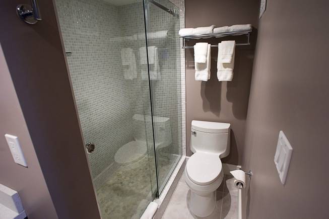 A bathroom is shown in a standard room at Oasis at Gold Spike in downtown Las Vegas Tuesday, Oct. 21, 2014. The Oasis, a boutique hotel owned and operated by the Downtown Project, officially unveiled renovations during a tour Tuesday.