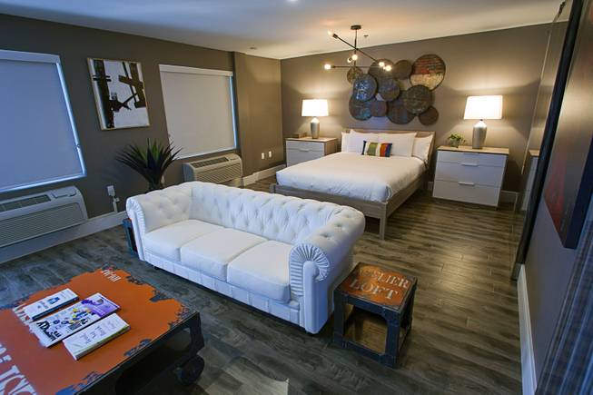 The Ultimate Crash Pad suite is shown at Oasis at Gold Spike in downtown Las Vegas Tuesday, Oct. 21, 2014. The Oasis, a boutique hotel owned and operated by the Downtown Project, officially unveiled renovations during a tour Tuesday. The suite was created by combining two of the older hotel rooms.