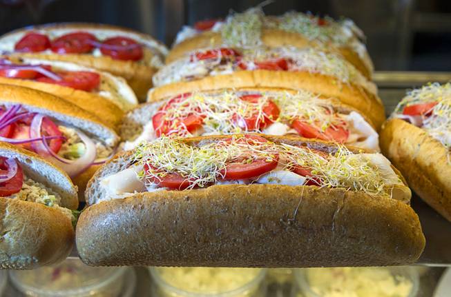Fresh turkey sandwiches are displayed at the new Fulton Street Food Hall at Harrahs Las Vegas Wednesday, Oct. 22, 2014. The sandwich includes turkey, smoked gouda cheese, lettuce, tomato and alfalfa sprouts in a wheat roll.