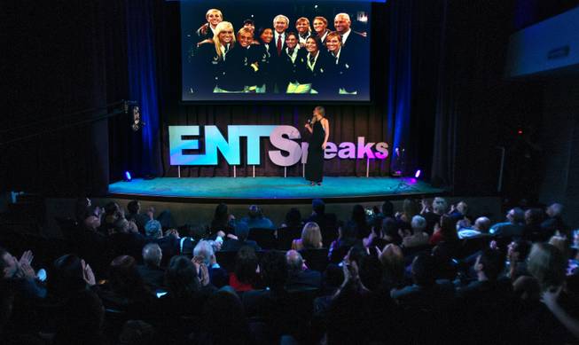 Christina Jones talks about her experience as an Olympic synchronized swimmer and being a true athlete during “ENTSpeaks” at Inspire Theater on Tuesday, Oct. 21, 2014, in downtown Las Vegas.