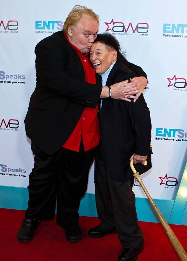 Louie Anderson and Marty Allen have a fun moment on the red carpet for “ENTSpeaks” at Inspire Theater on Tuesday, Oct. 21, 2014, in downtown Las Vegas.