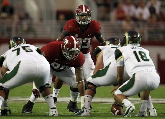 Alabama linebacker Trey DePriest (33) lines up against Colorado State during the first half of an NCAA college football game on Saturday, Sept. 21, 2013, in Tuscaloosa, Ala. (AP Photo/Butch Dill)