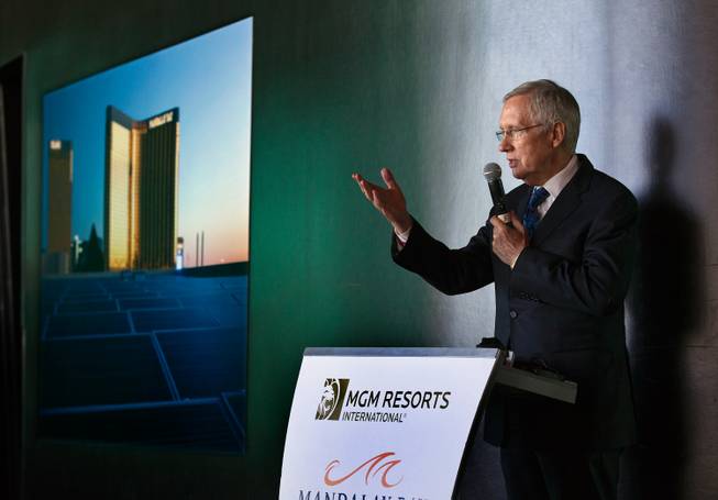 U.S. Senator Harry Reid is pleased with the progress NRG Energy and MGM Resorts have made on the worlds largest convention center rooftop solar array at the Mandalay Bay on Thursday, October 23, 2014.